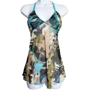 Clockhouse Halter Top Womens M Turquoise Abstract Mesh Sheer Y2K Lettuce Edge